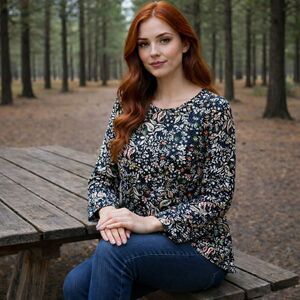 J. Jill Pima Cotton Crew Neck  High-Low‎ Long Sleeve Floral Paisley Tee Size L